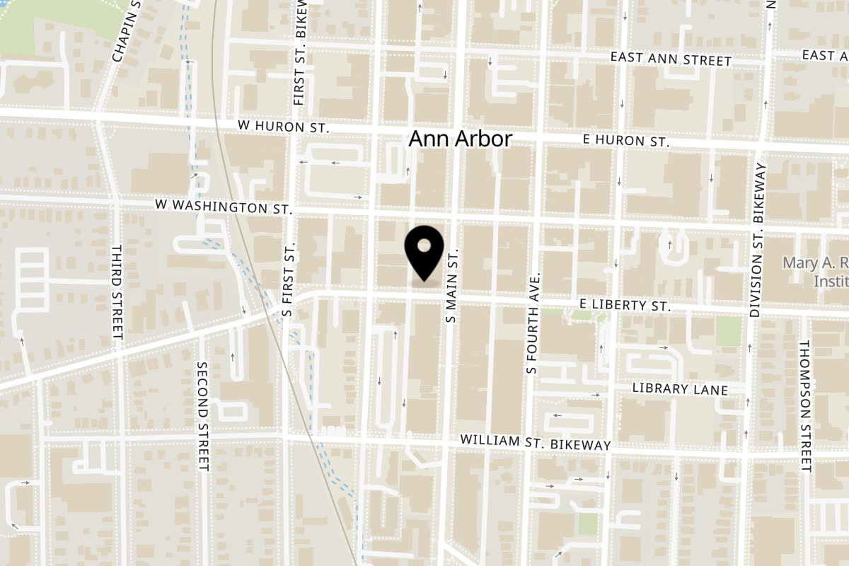 Map showing the location of Pretzel Bell on 226 S Main St in Ann Arbor